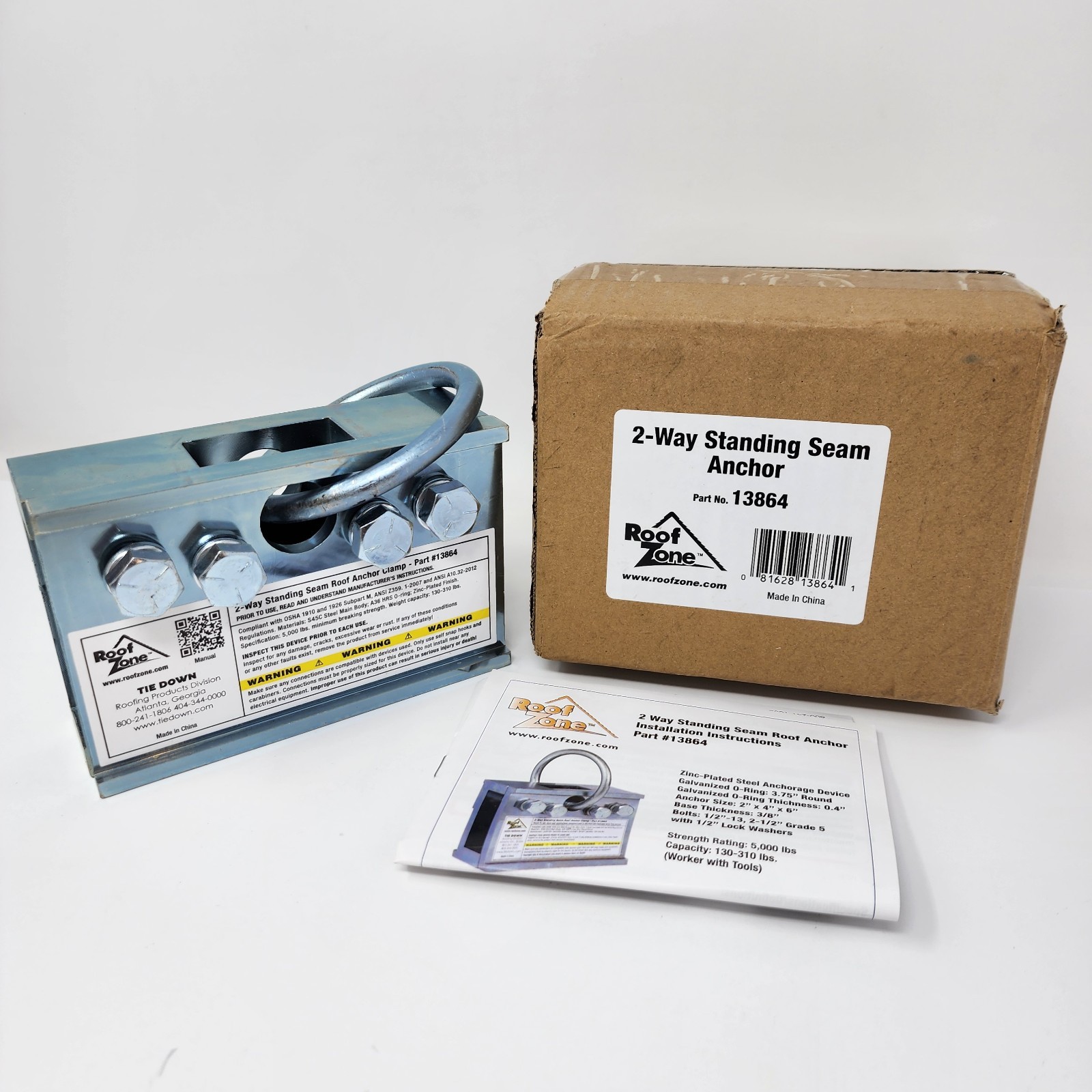Roof Zone 2-Way Standing Seam Roof Anchor Clamp Tie Down 13864, 5000 lb Capacity