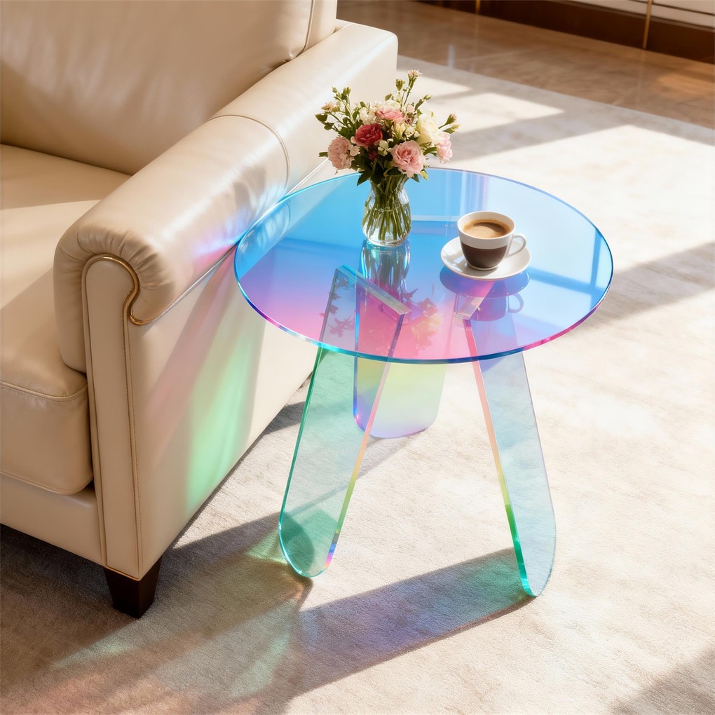 Round Iridescent Rainbow Coffee Table Acrylic Sofa Side End Table Triangle Legs