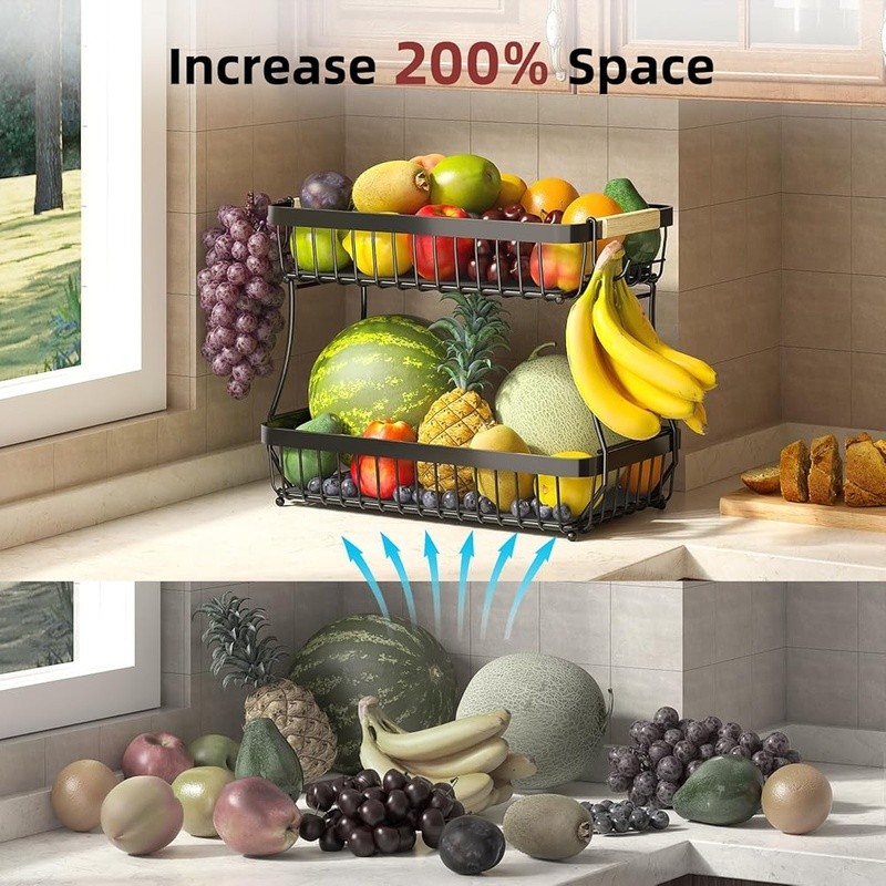 Stackable Fruit Basket W/ Banana Hooks Easy Assembly Durable Kitchen Storage New