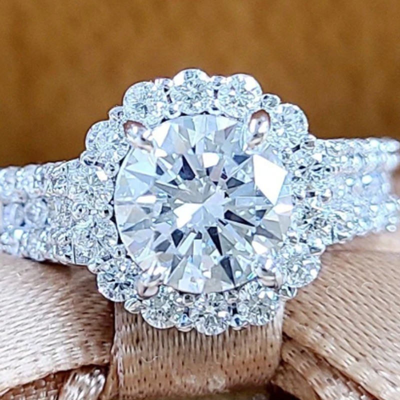 4.40Ctw Round Moissanite Triple Row Halo Engagement Ring 14K White Gold Plated