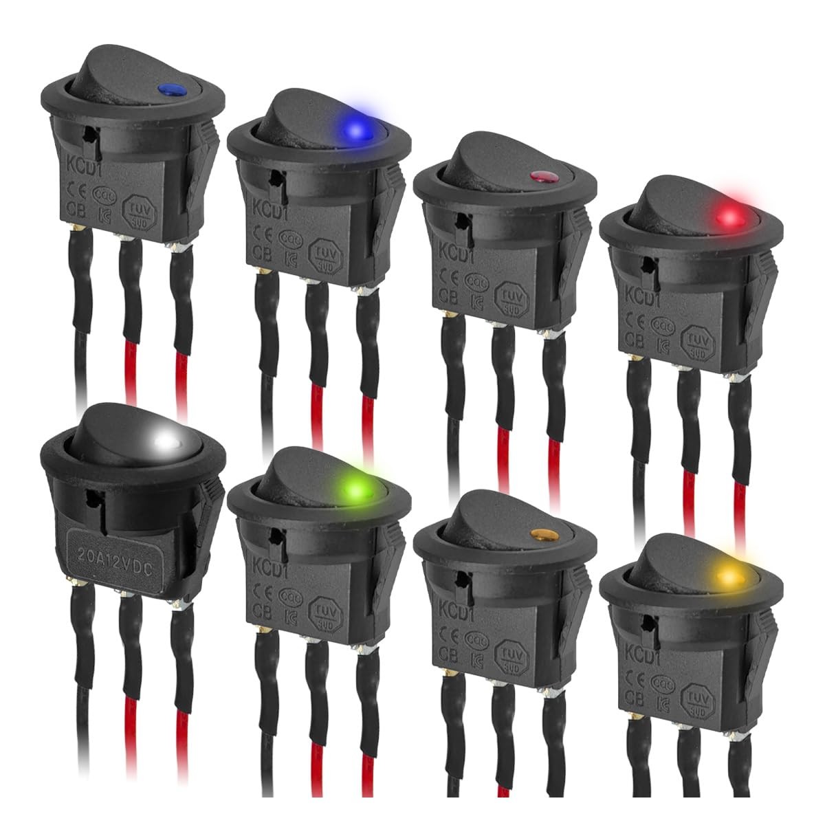 8PCS 12V 20A LED Light Circle Round Toggle Rocker Switch, SPST 3 Pin KCD1 On-Off