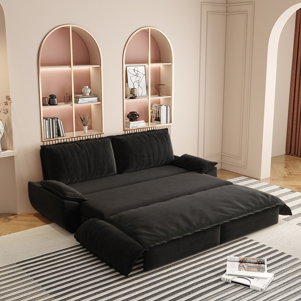 Queen Sofa Bed Pull Out Sleeper 3-in-1 Convertible Velvet Loveseat Black