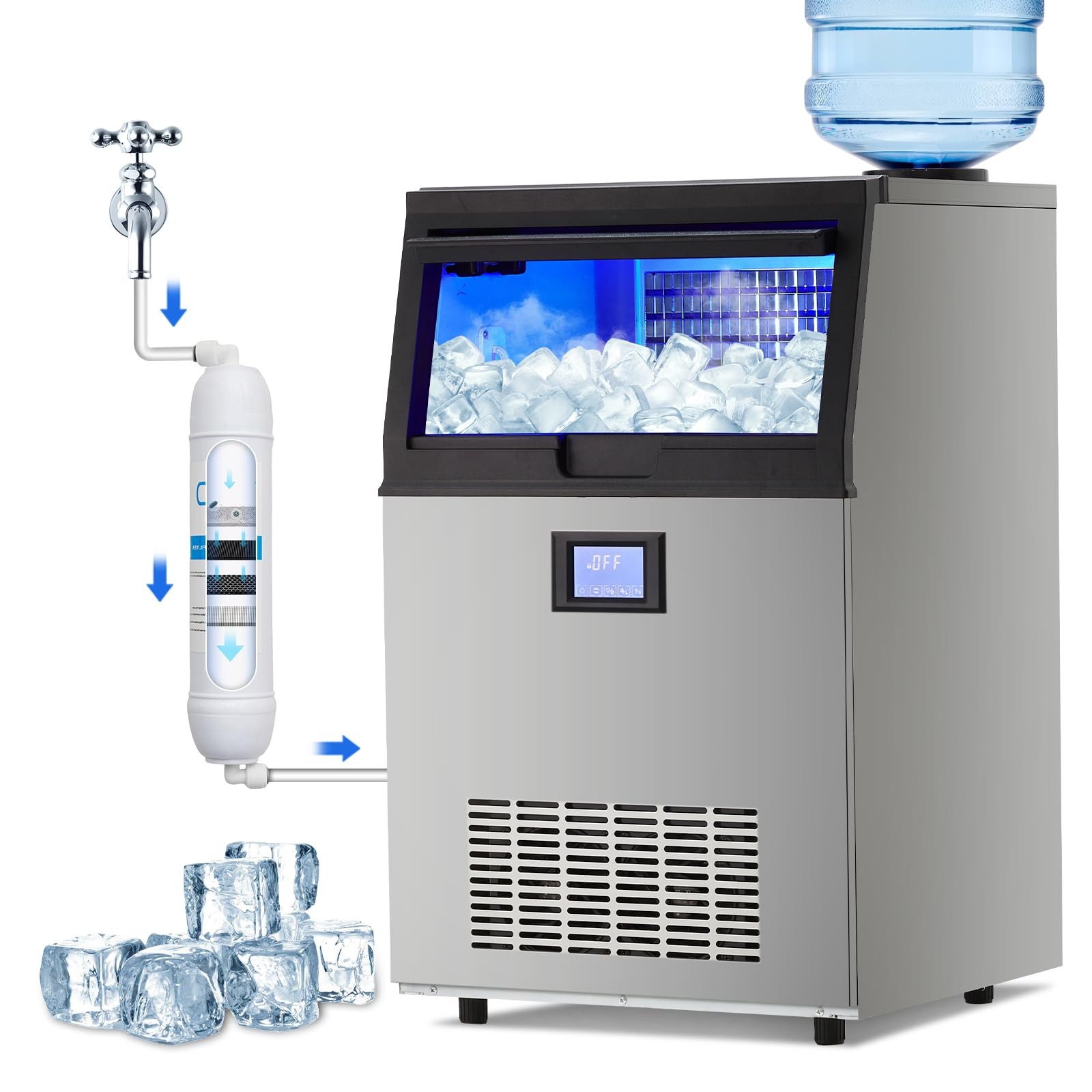 Commercial Ice Machine, 100 LBS/24h Ice Maker with 2 Water Inlet Modes, 50Pcs...