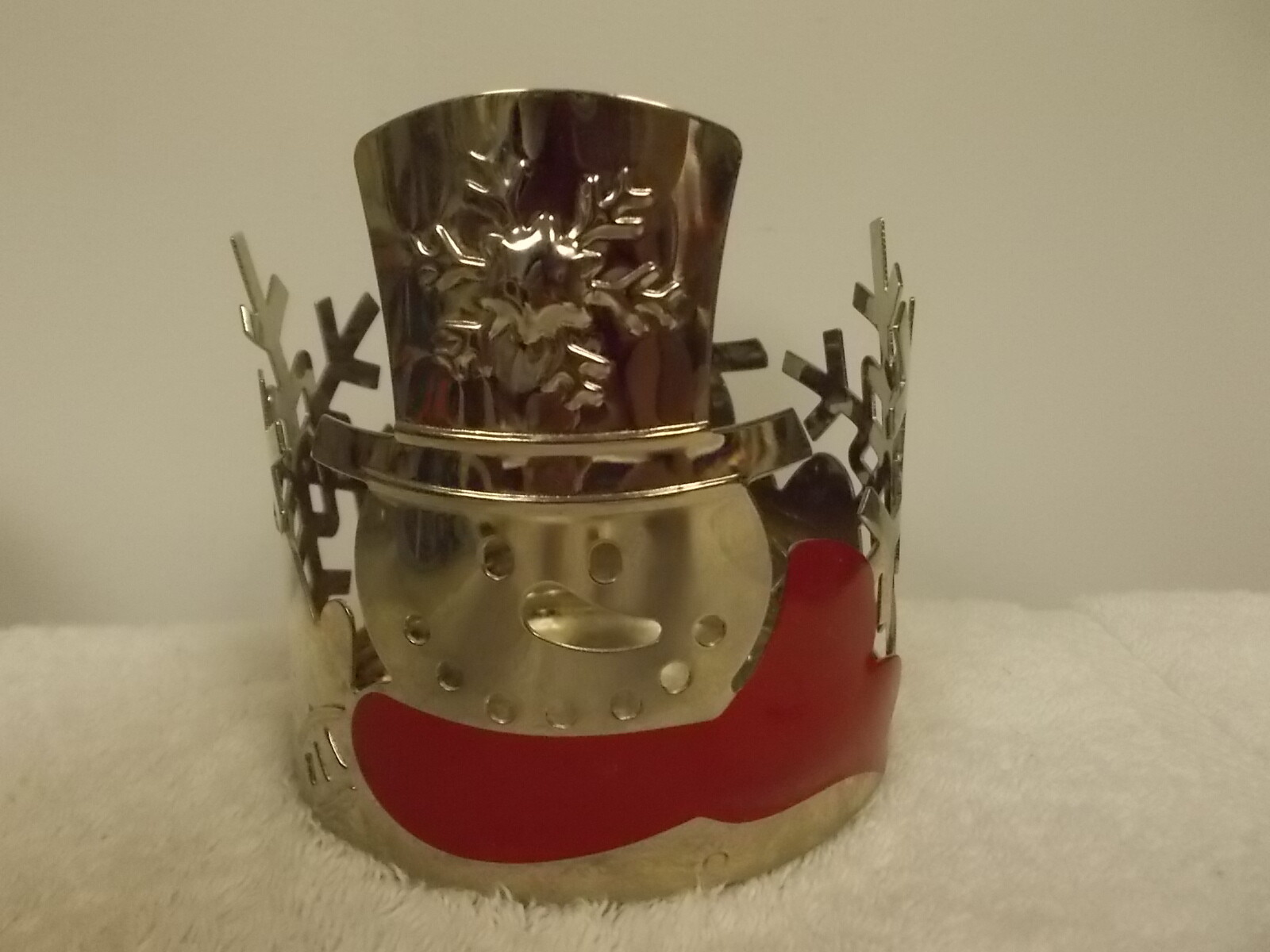 Christmas Holiday Snowman Red Scarf Metal Candle Holder Sleeve
