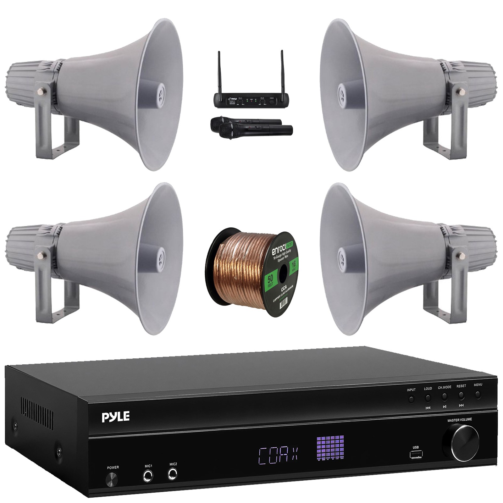 Pyle Karaoke Home Audio Receiver, 4x 12.7'' PA Horn Speakers + Wireless Mic