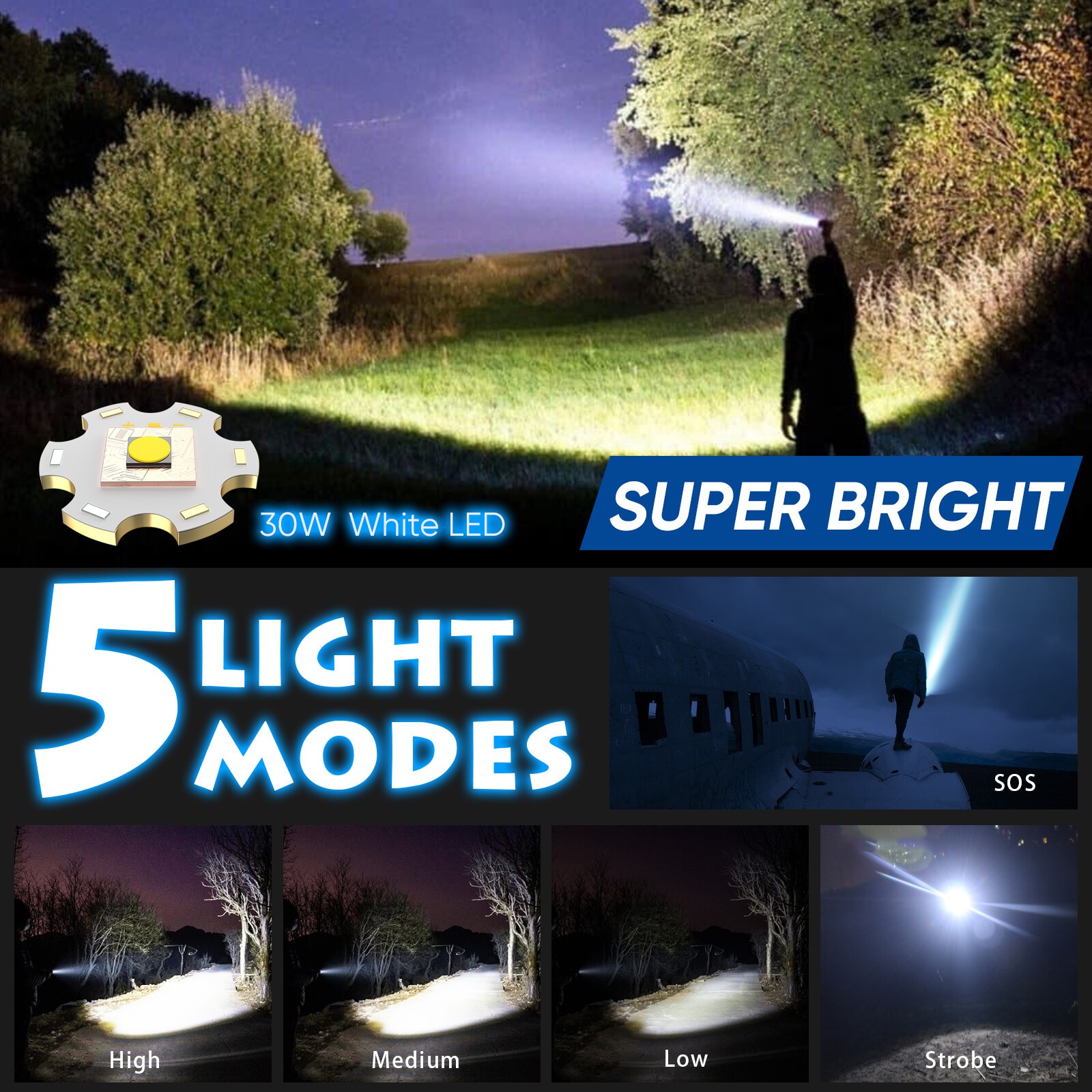 Super Bright 9000000 Lm LED Tactical Flashlight Rechargeable Powerful Work Light