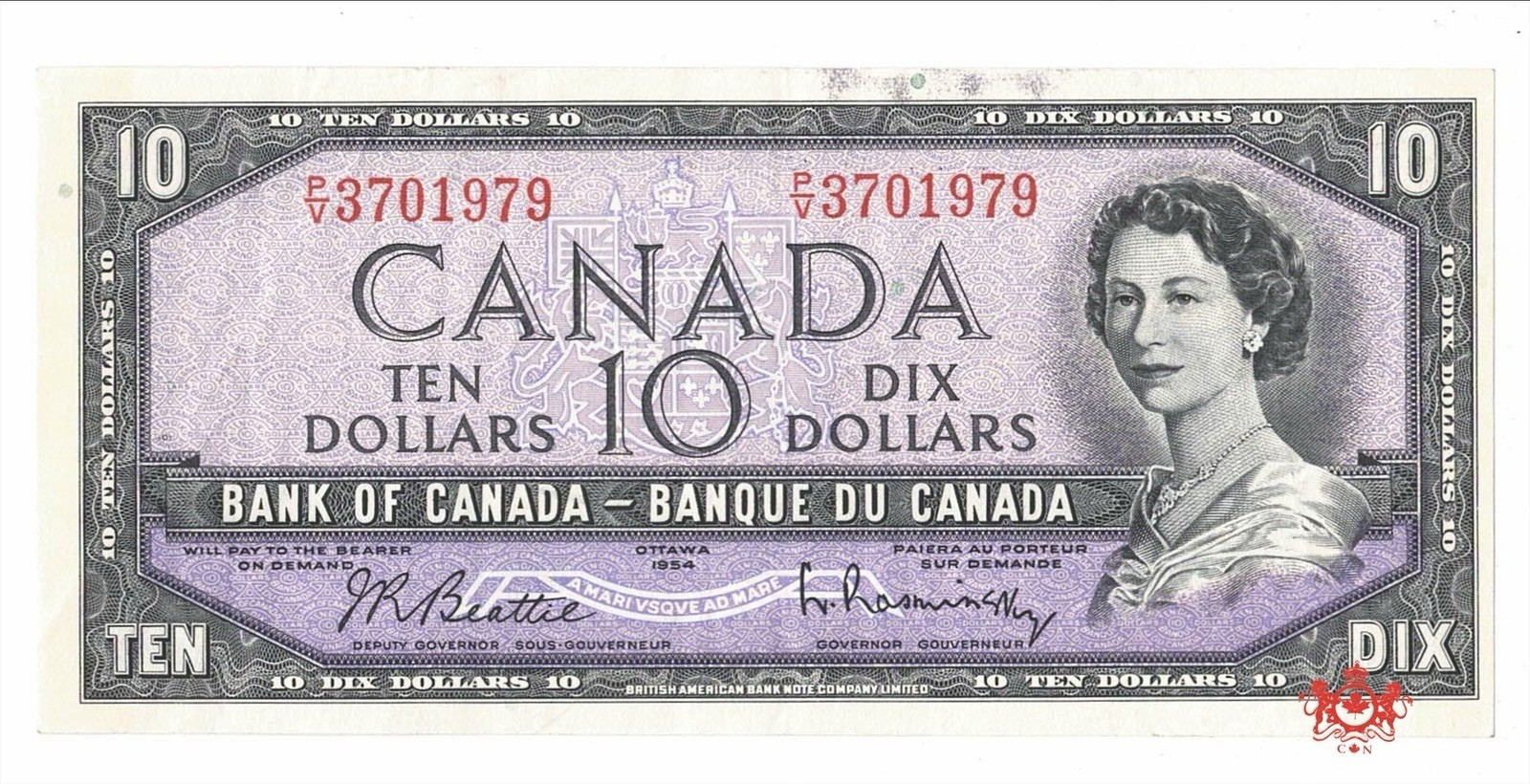 1954 Bank Of Canada 10$ Mod. Beattie/Rasminsky P/V3701979 - VF/EF -