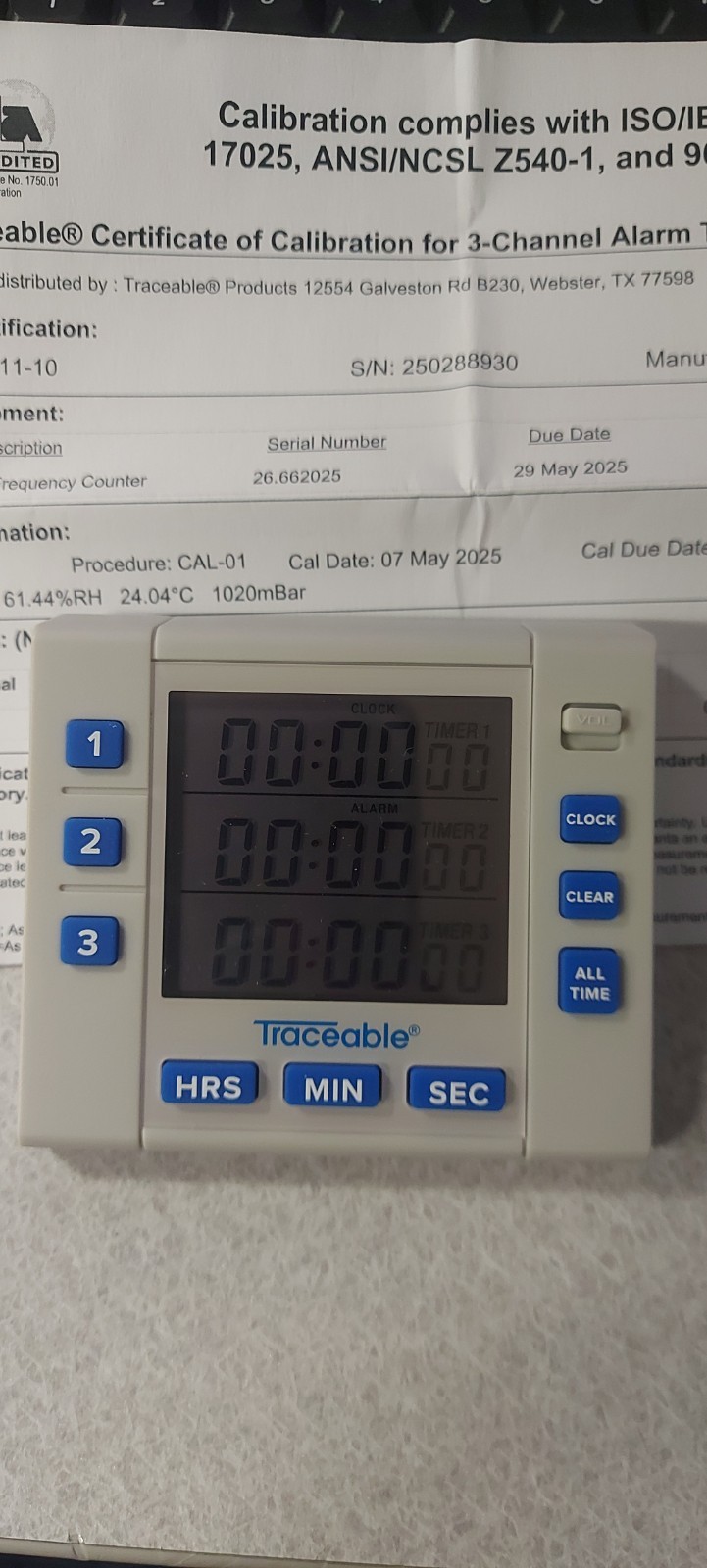TRACEABLE 5000 Alarm Timer, Count Down,Count Up, 100hr 8URJ6 3 Channel