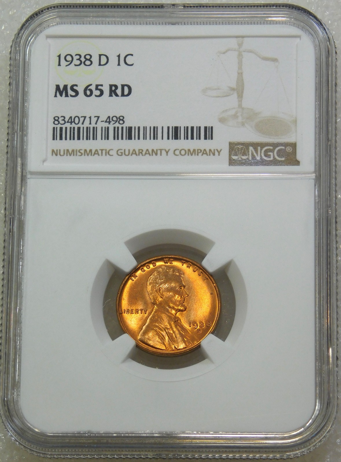 1938-D Lincoln Cent NGC MS65RD Bright Red Luster, PQ New Holder #R361K
