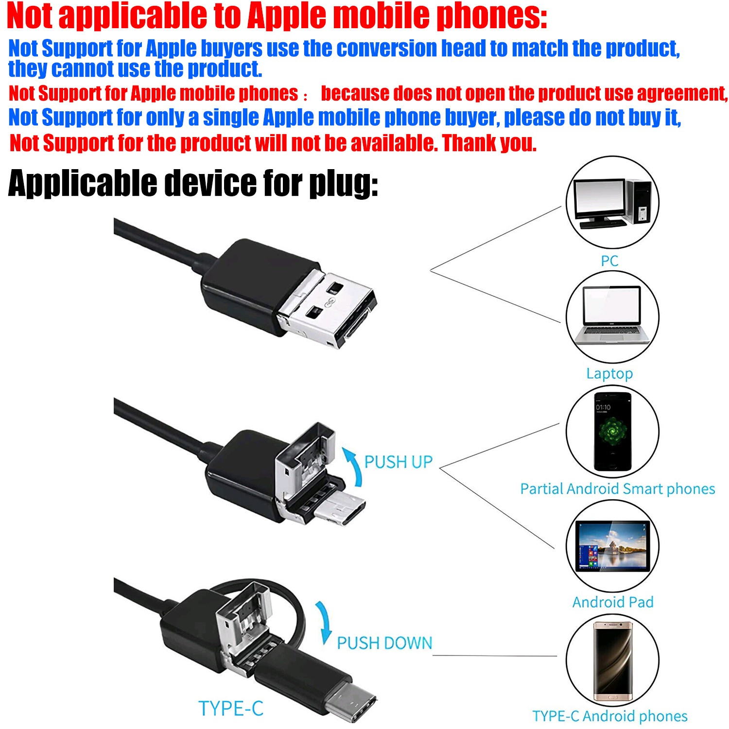 HD Snake Endoscope Borescope Inspection Camera 7mm for USB Type C Android PC
