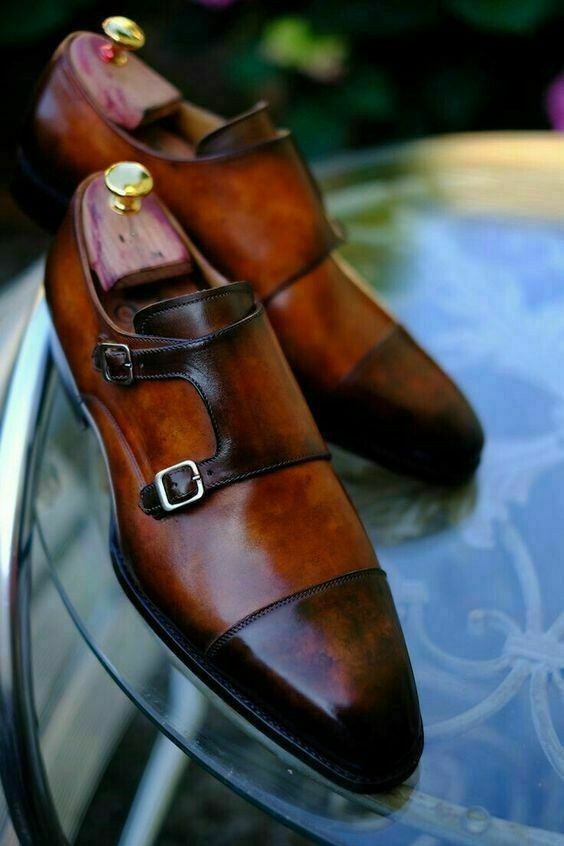 Mens Handmade Brown Toning Monk Strap Leather Oxford Dress Wedding Shoes For Men