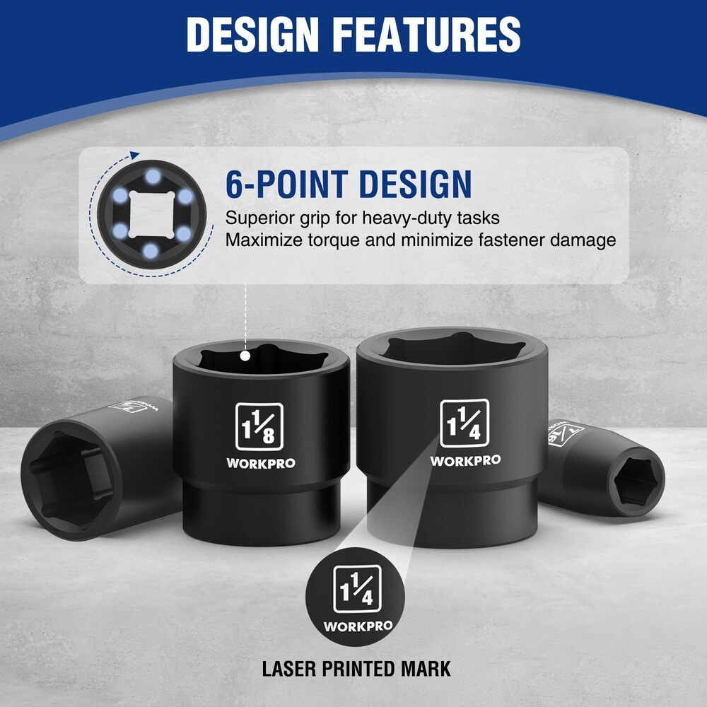 WORKPRO 14PC 1/2" Drive Shallow Impact Socket Set SAE 3/8”-1-1/4" 6-Point Socket