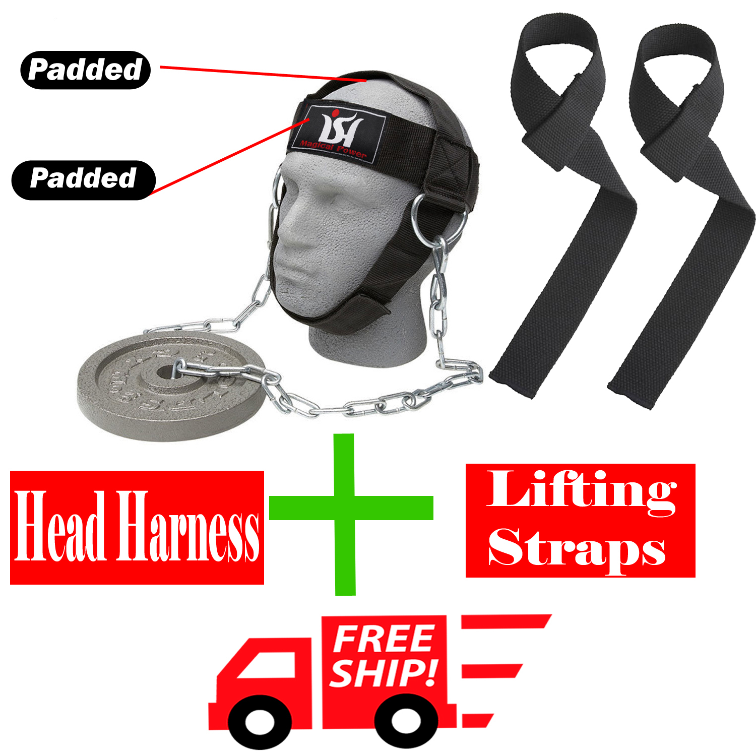 Gym Weight Lifting Head Neck Harness + Lifting Straps Training Fitness Work out