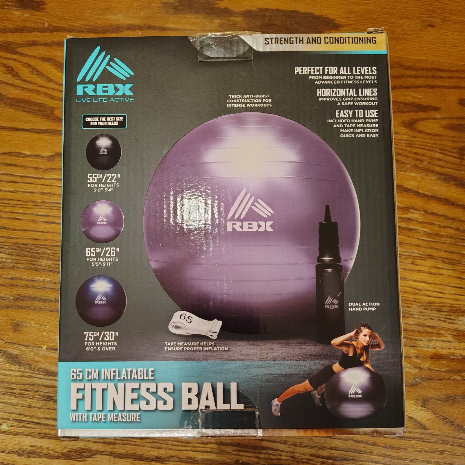 Brand New - RBX 65cm Inflatable Fitness Ball With Hand Pump - Purple