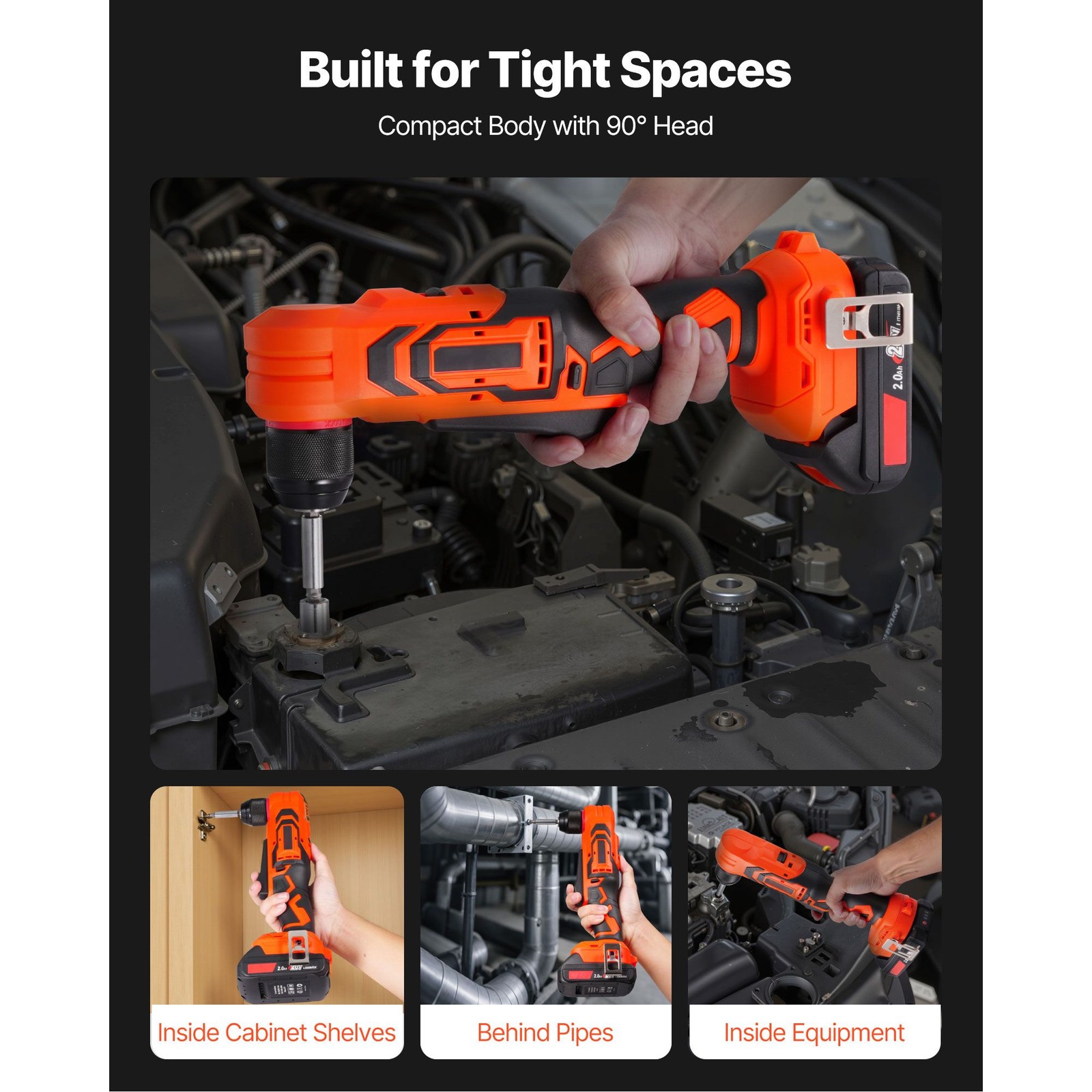 Cordless 3/8" Right Angle Drill, Brushless, 45N·m, LED Light