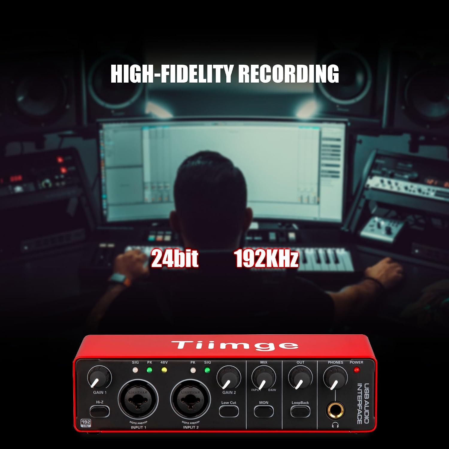 2x2 USB Audio Interface 48V Phantom Power 24Bit 192kHz High Fidelity for PC