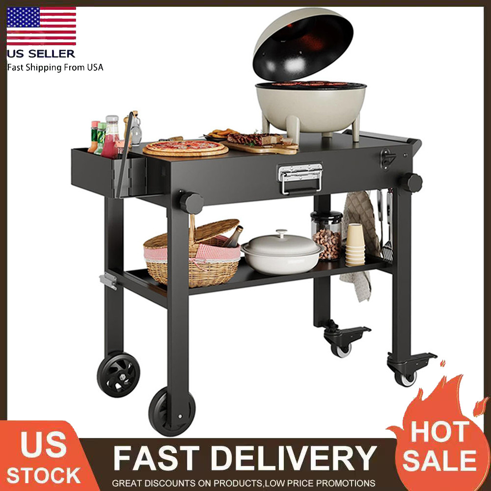 Outdoor Foldable Grill Cart 2-Shelf Movable BBQ PrepTable Griddle Stand w/Wheels