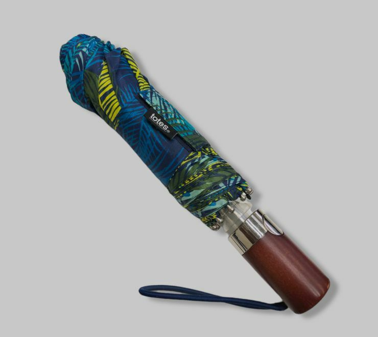 $28 Totes Blue Print Manual Open Close Wood Handle Folding Rain Umbrella