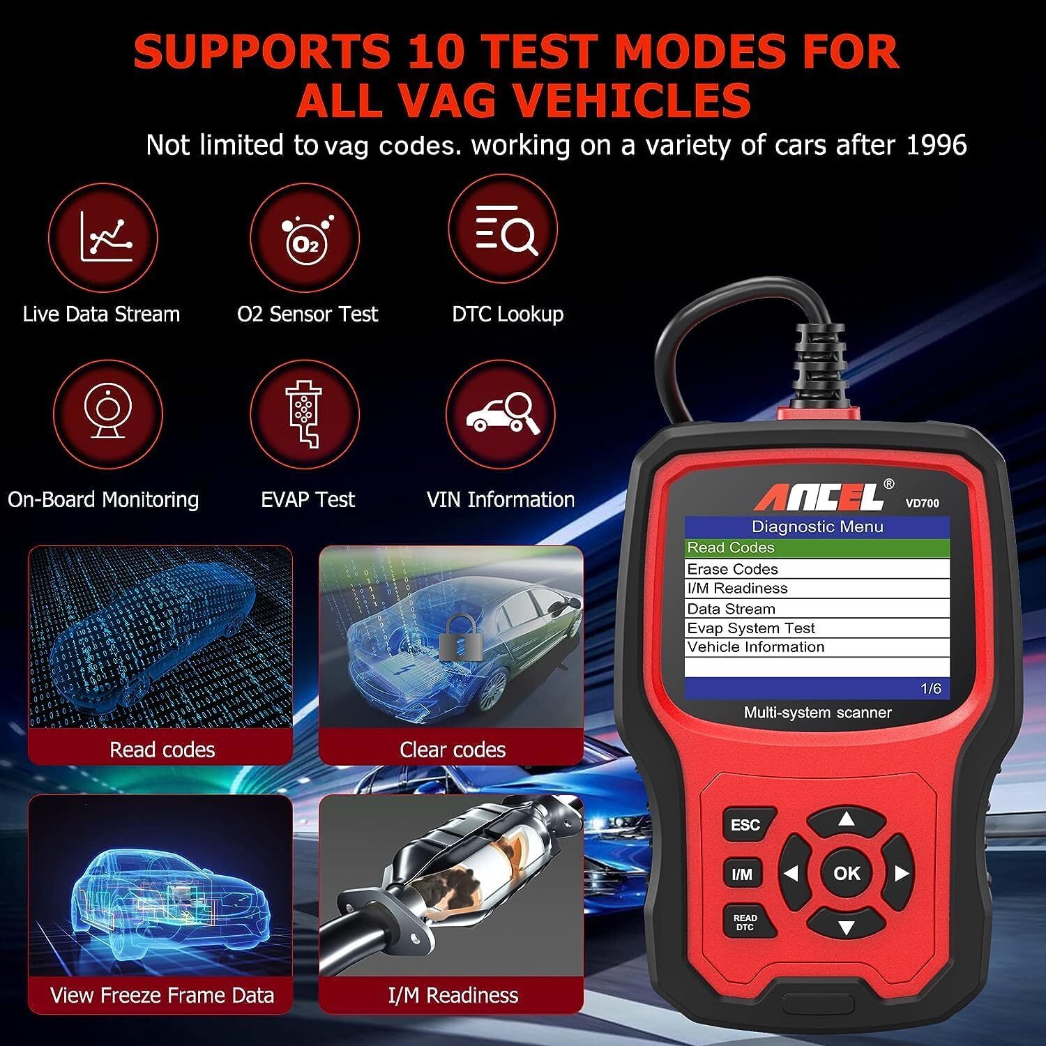 ANCEL VD700 Full System Diagnostic ABS SRS EPB OBD2 Scanner Code Reader For VAG