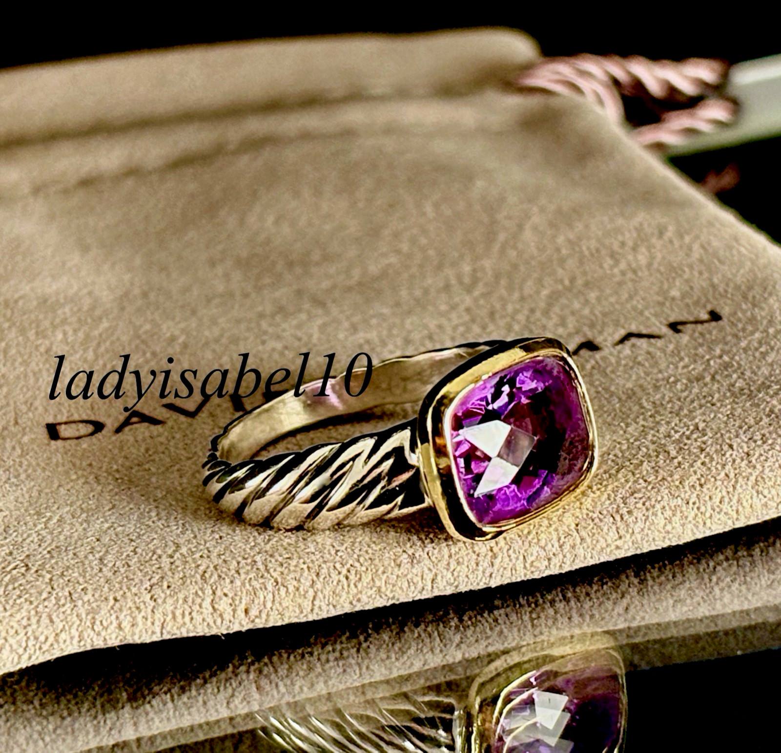 Sz. 6.25 David Yurman Silver 18k 750 Gold Amethyst Petite Cable Ring w/ POUCH