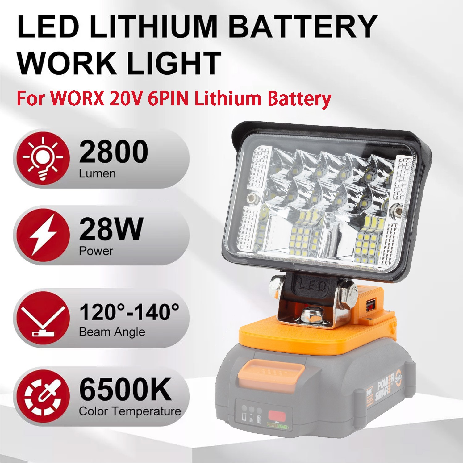 Upgraded LED Work Light For Worx 20V 6PIN Battery Portable LED Flood Lights