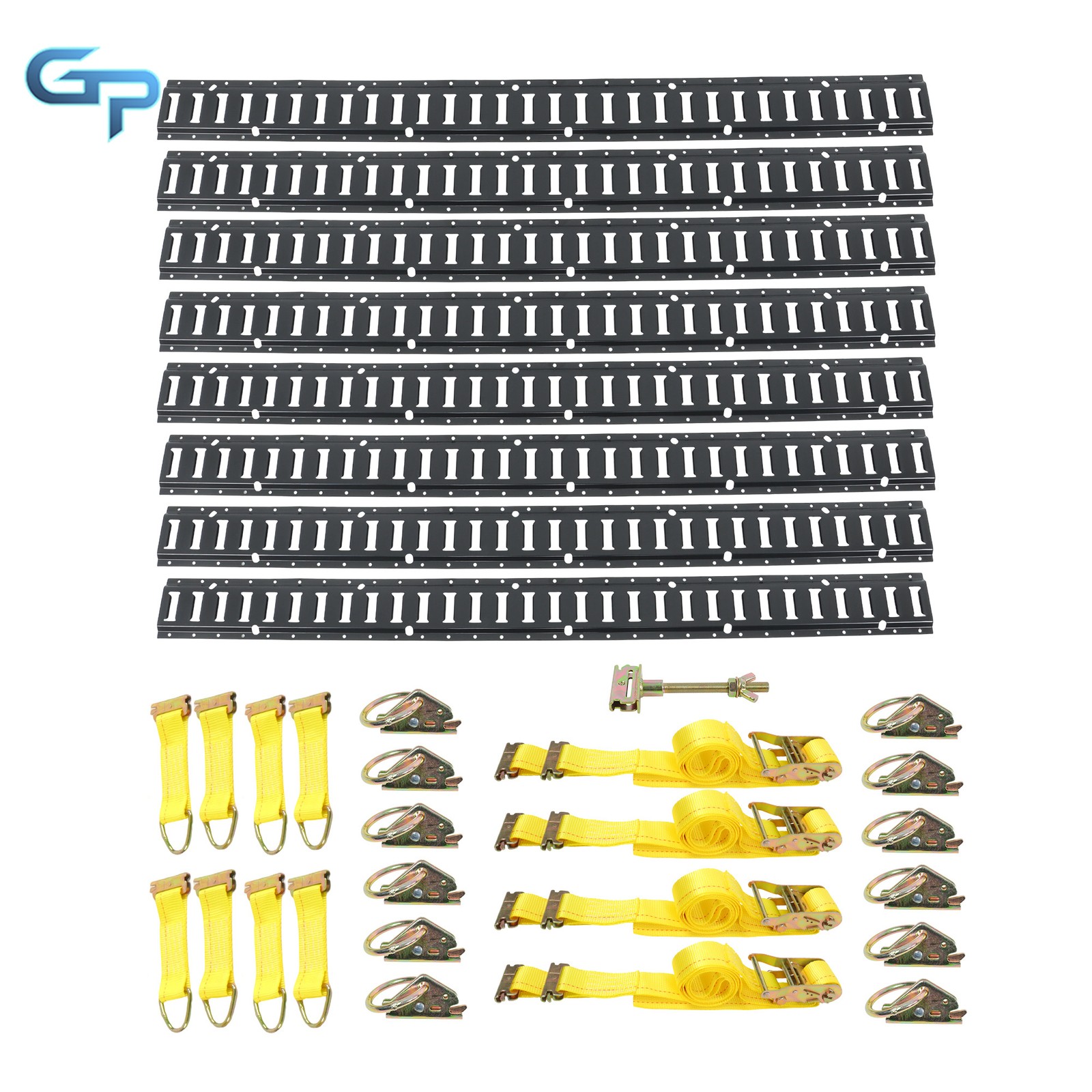 33 Pack 8 Steel 5' E Track Rails 12 O-Rings 8 D-Ring 4×12‘ Ratchet Straps