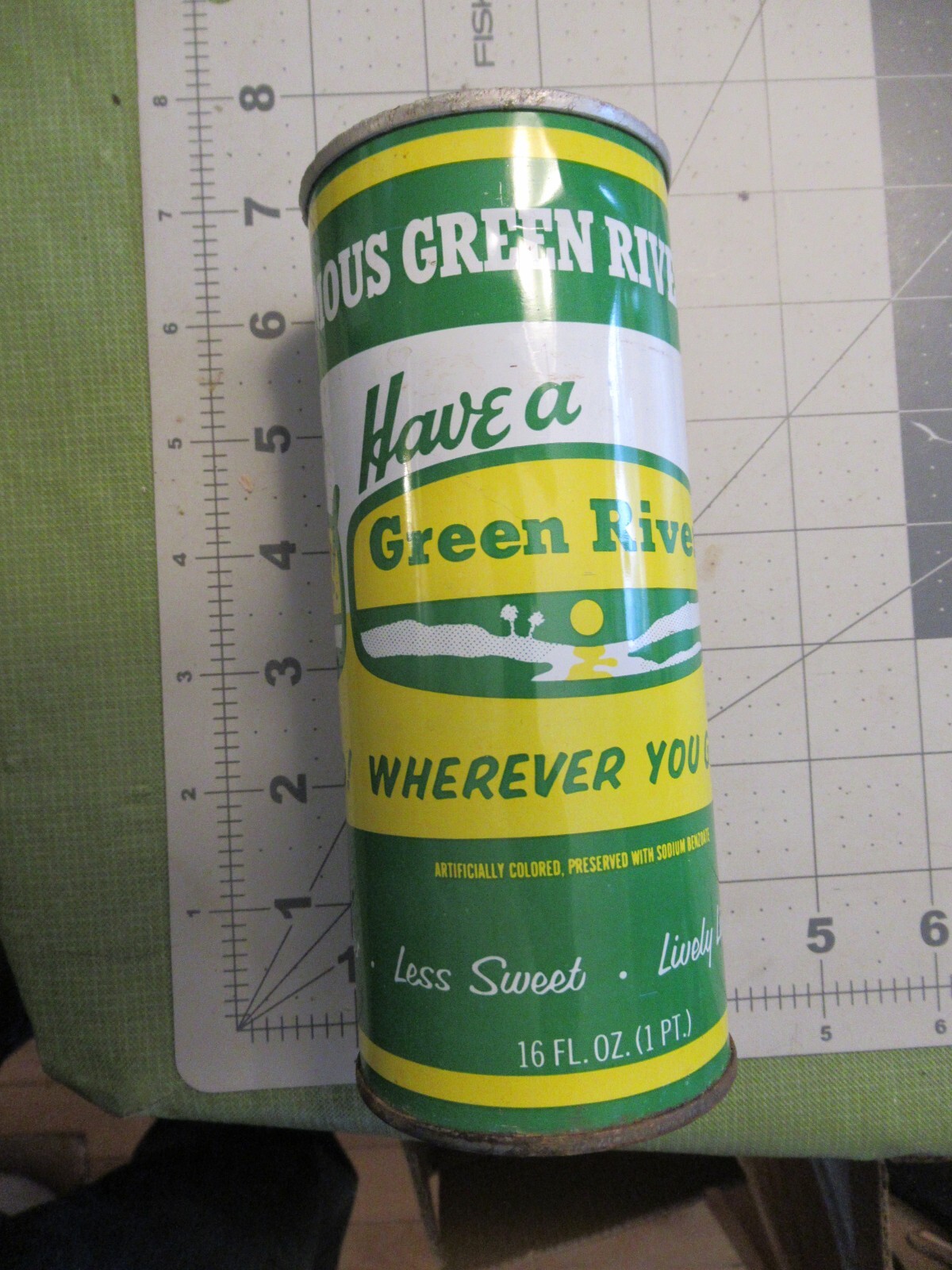 Empty Bottom Opened 16oz Green River Soft Drink Can Top Tab Missing