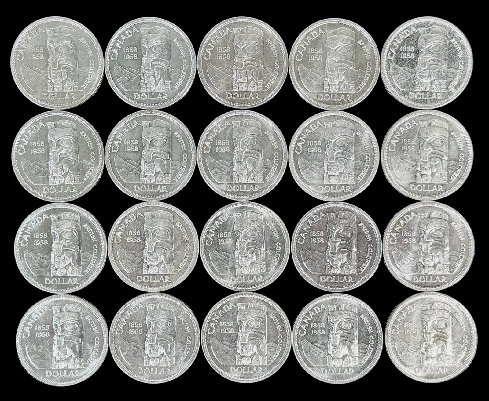 Roll of 20 Canada 1958 British Columbia Totem Pole Silver Dollars BU  Twenty Pcs