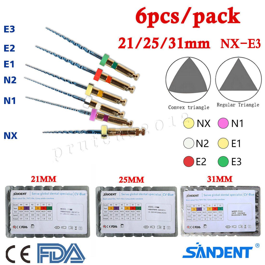 6Pcs Dental NX-E3 Endodontic Files NITI Rotary Files 21/25/31mm CE