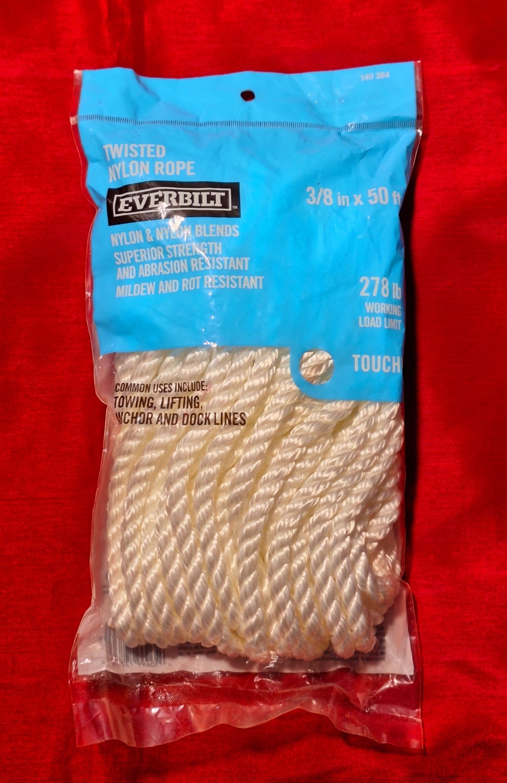 Everbilt 140384 White Twisted Nylon Rope 3/8 in x 50 ft, 278 lbs Load Limit- NEW