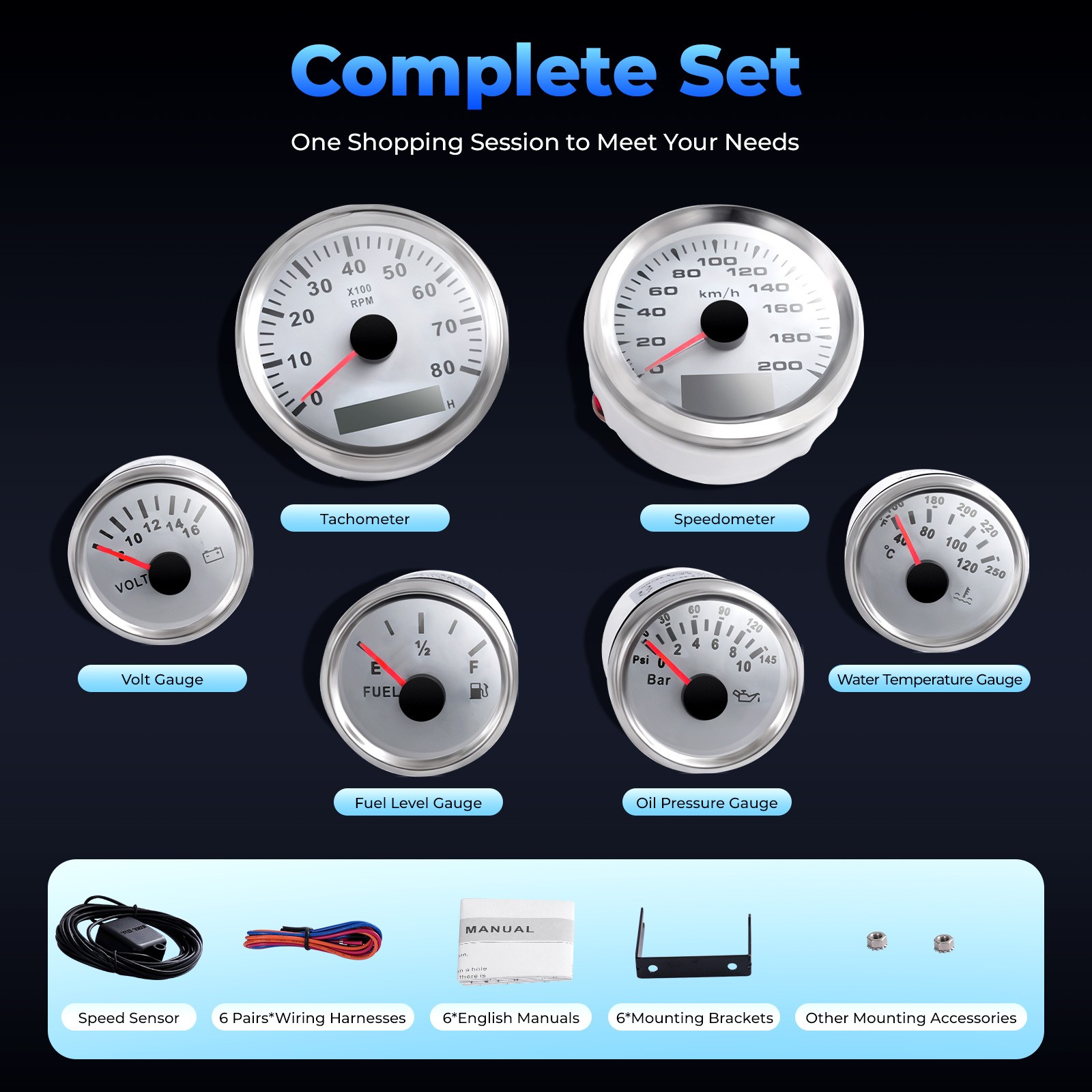 Universal Speedometer Tachometer Fuel Gauge Oil Pressure Gauge Voltage Gauge