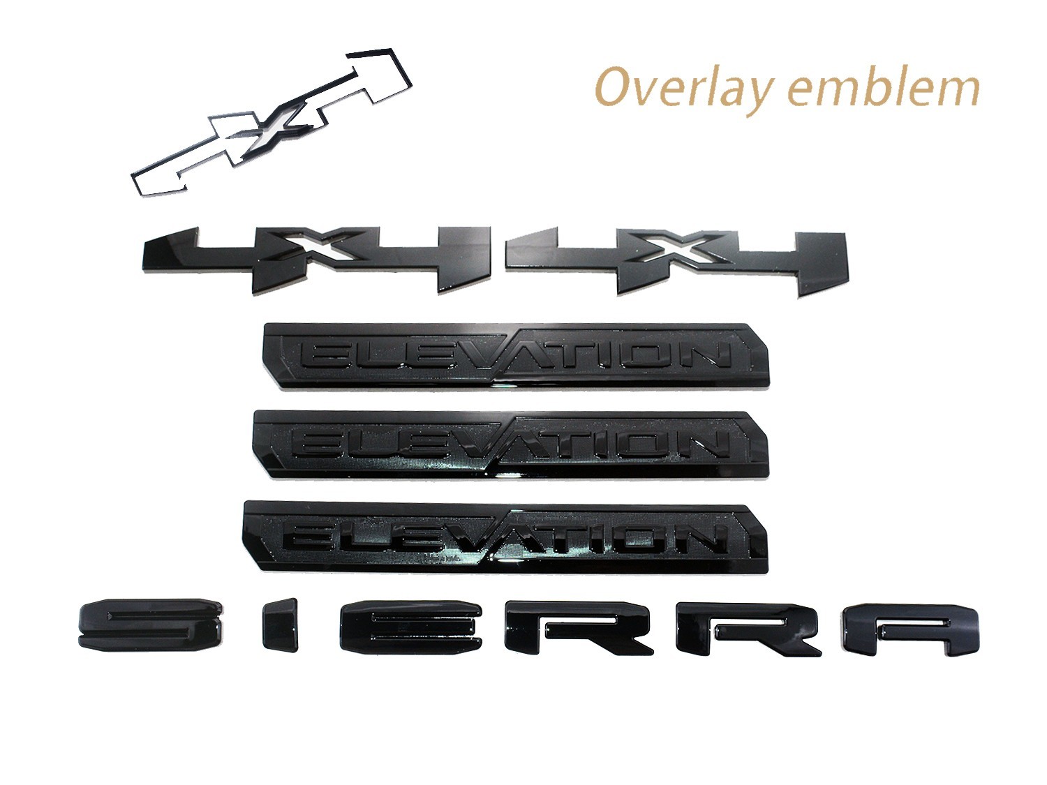 Overlay Emblems Fits 19-24 Sierra Elevation 4X4 Badges set of 6 Gloss Black