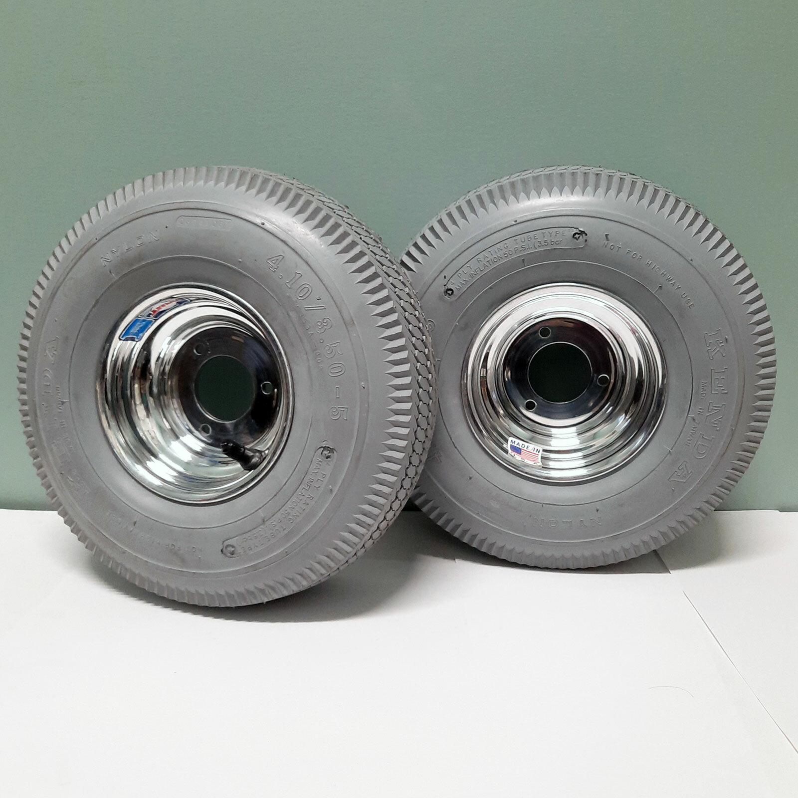 2 NEW Kenda Non-Marking 4.10/3.50-5 Tires on Douglas Wheels Golf Cart Yard Kart