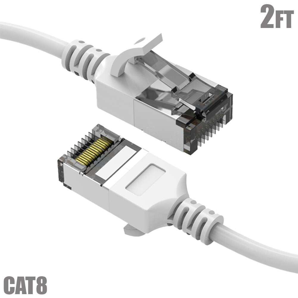 2FT Cat8 RJ45 Network LAN Ethernet U/FTP Shielded Patch Cable Slim 30AWG White