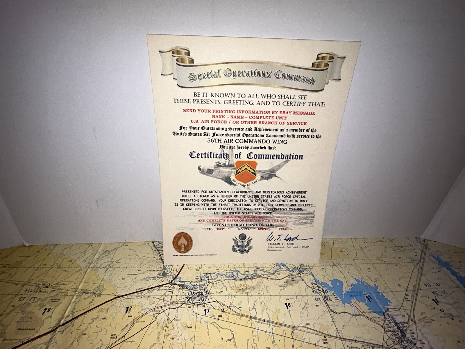 U.S.A.F. / 56TH AIR COMMANDO WING - CERTIFICATE OF COMMENDATION