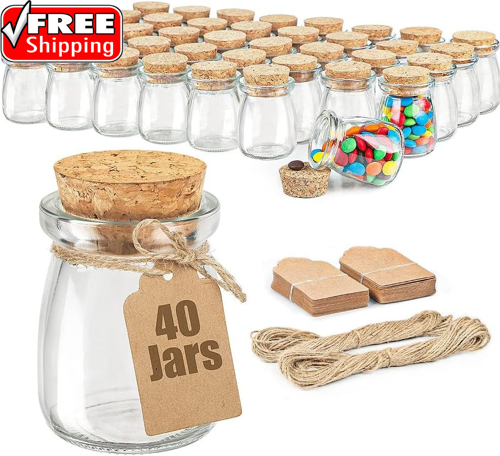 40 Pack Glass Favor Jars with Cork Lid, 3.4 Oz Small Glass Bottles for Wedding F