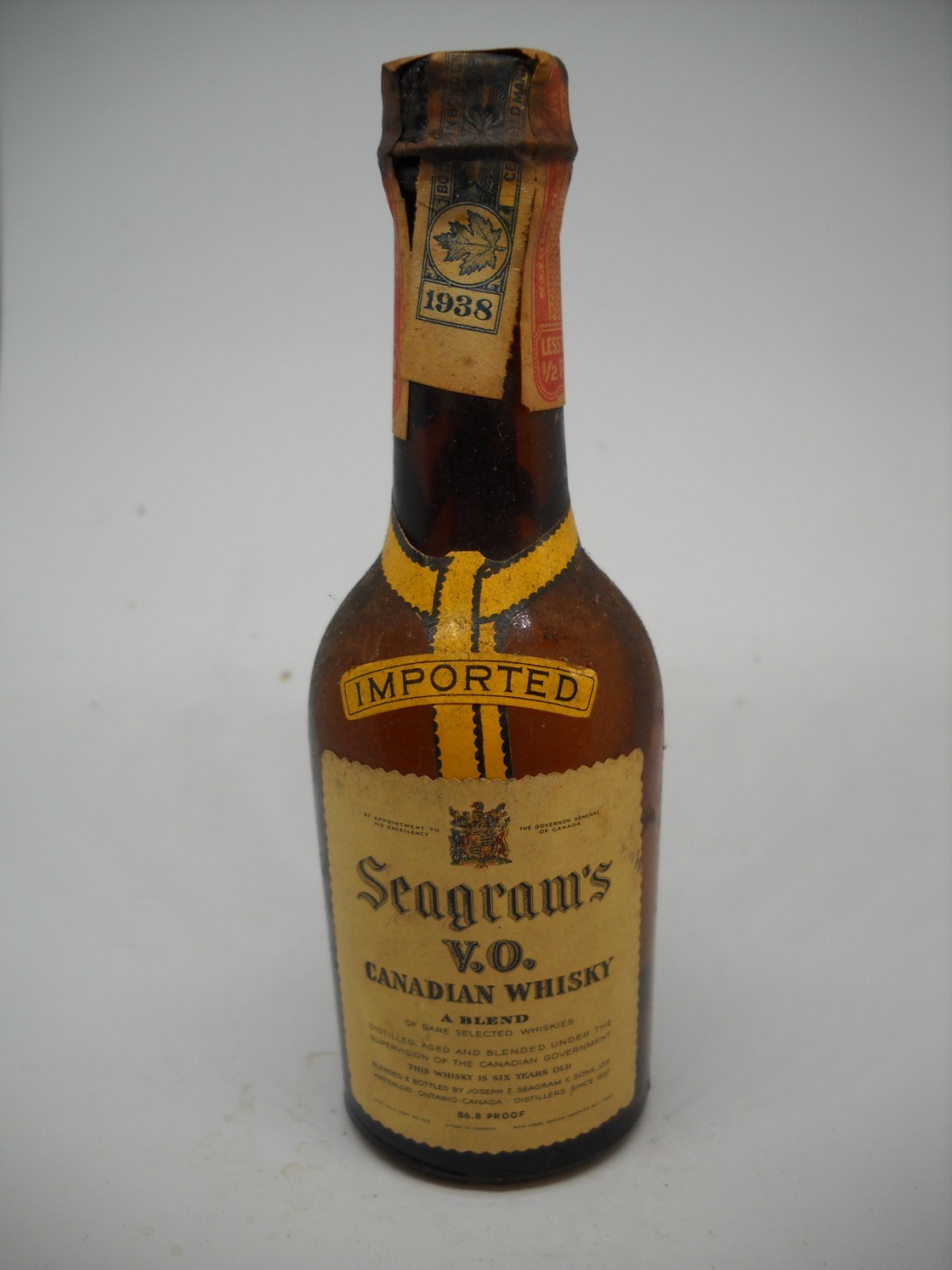 Vintage Seagram's Canadian  Whisky 1938 Empty Miniature Glass Bottle Free Ship