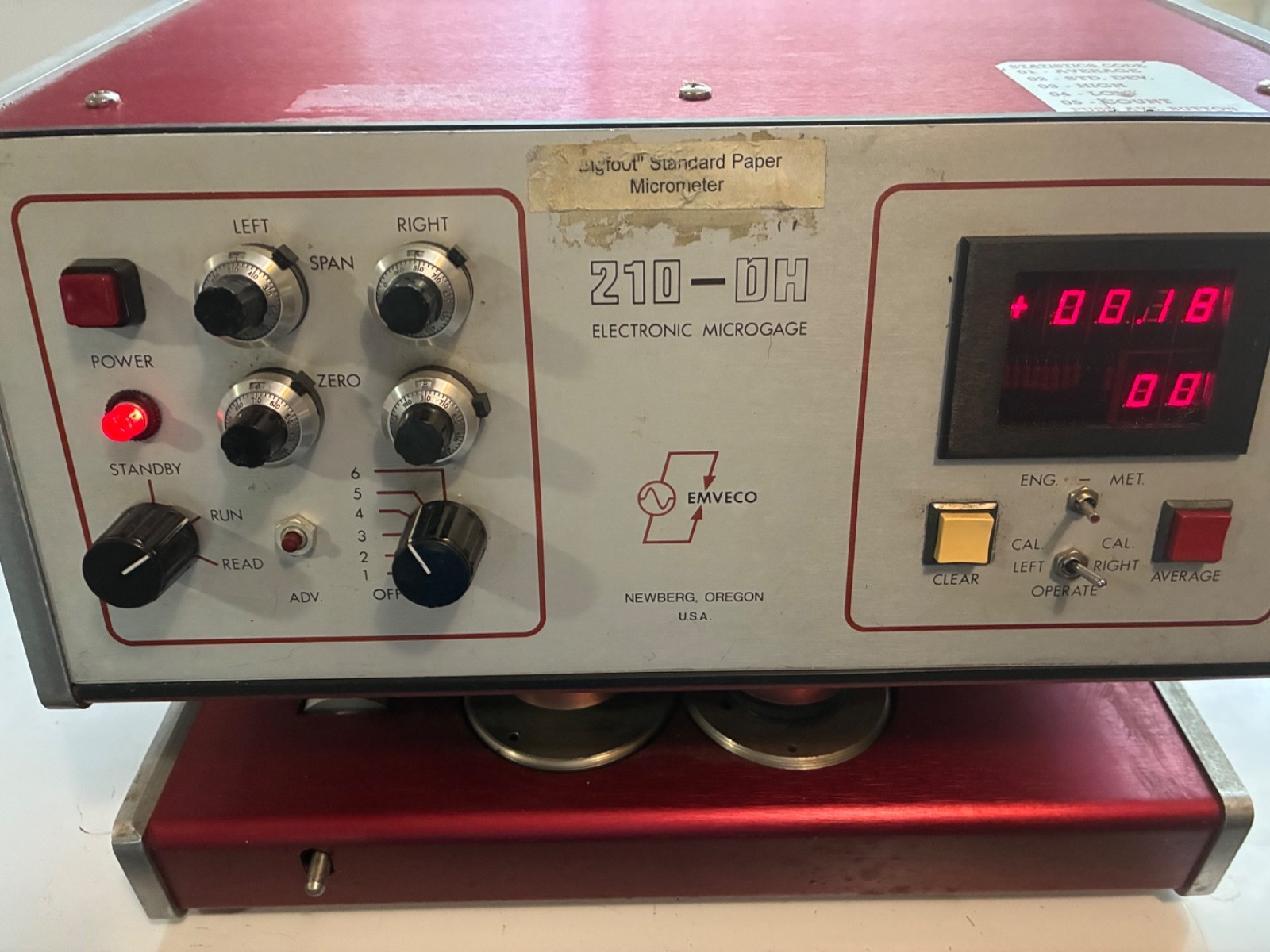 EMVECO 210-DH Electronic Microgage Bigfoot Paper Micrometer Caliper Gauge
