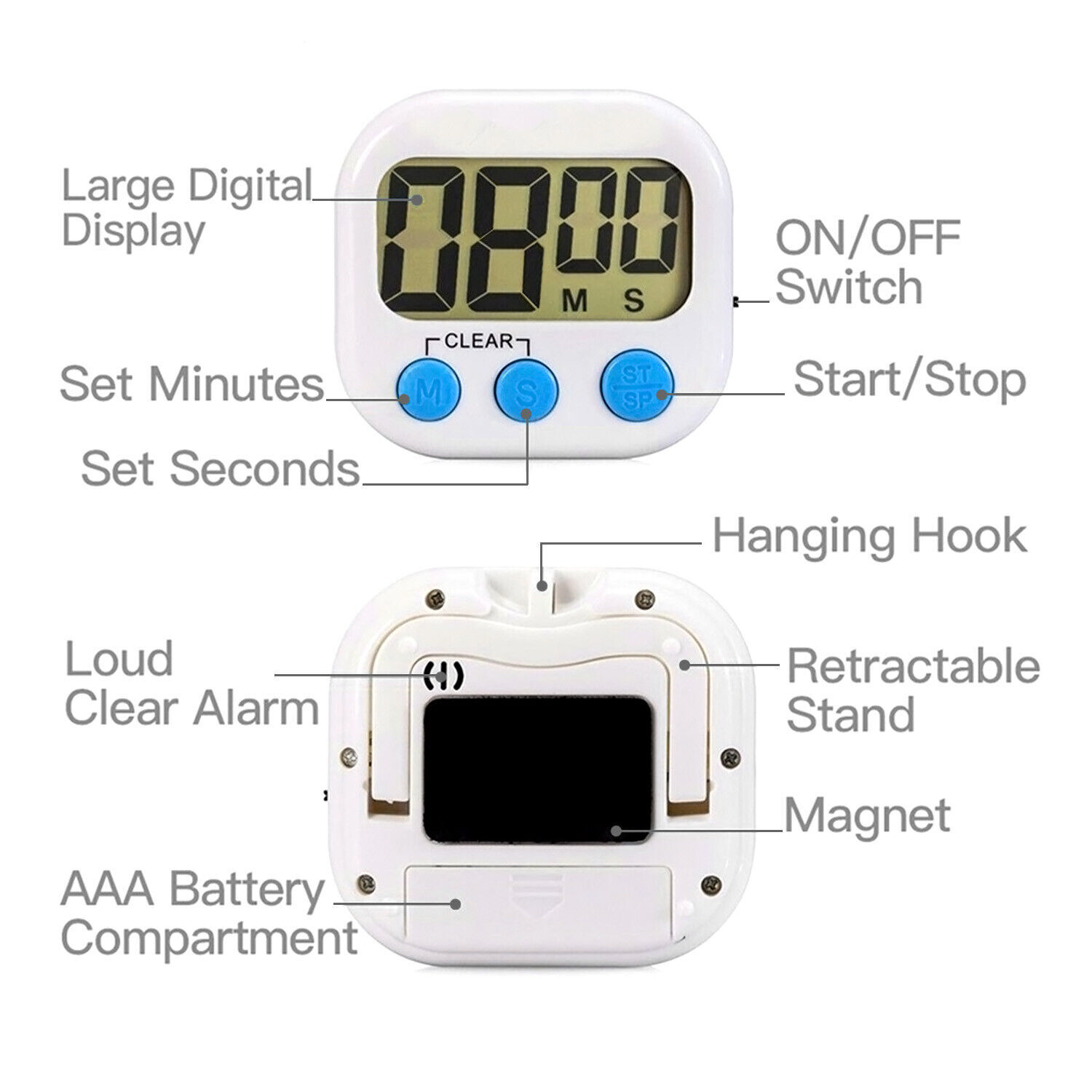 Digital Kitchen Timer Magnetic Cooking LCD Large Count Down Up Clear Loud Alarm