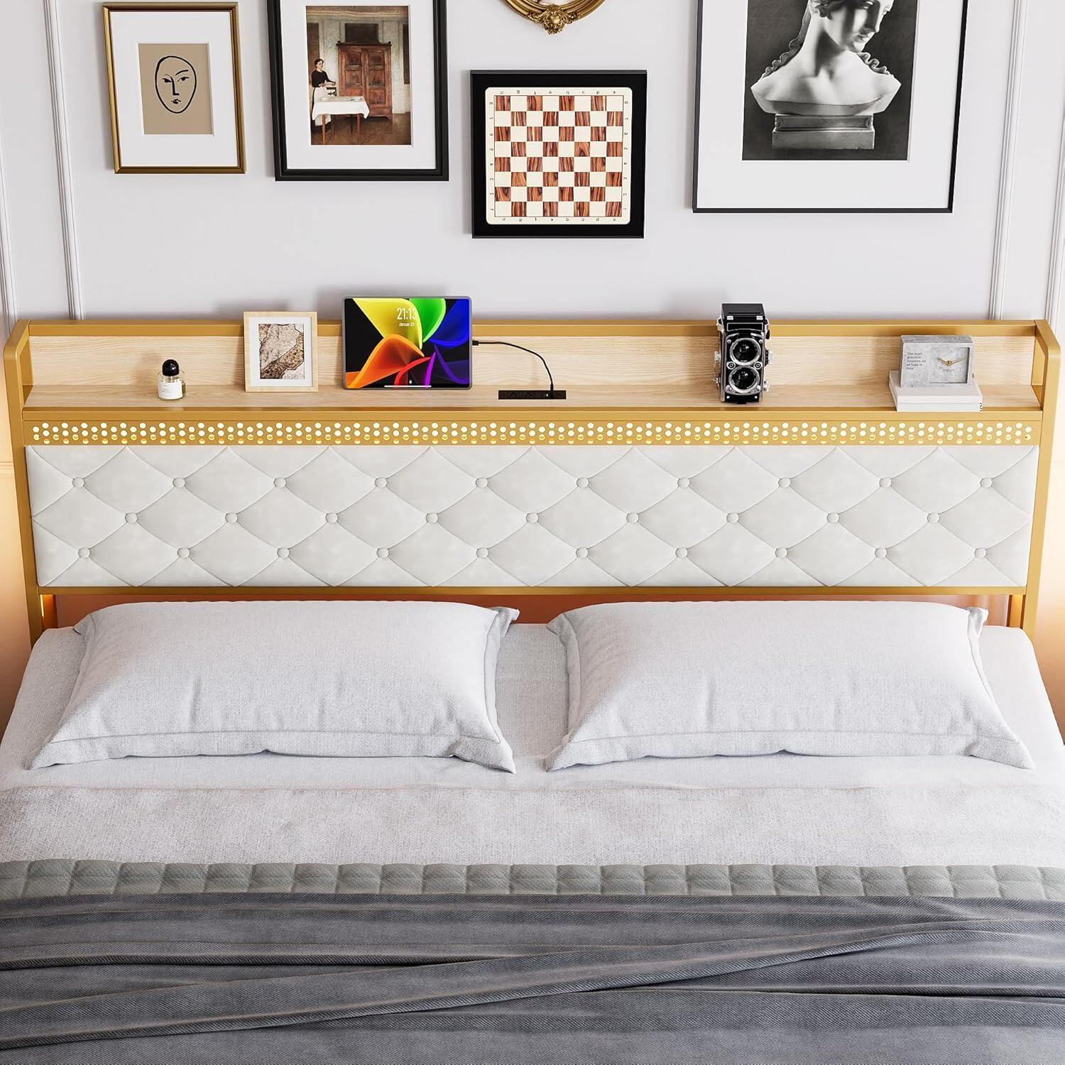 ✅King Size Bed Frme Pltform Bed Frme W/LED Lights Chrging Sttion Drwers