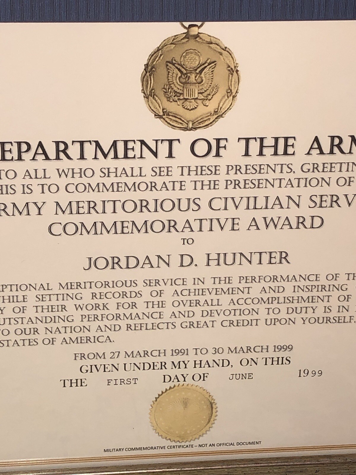 ARMY MERITORIOUS CIVILIAN SERVICE COMMEMORATIVE AWARD CERTIFICATE ~ Type-1