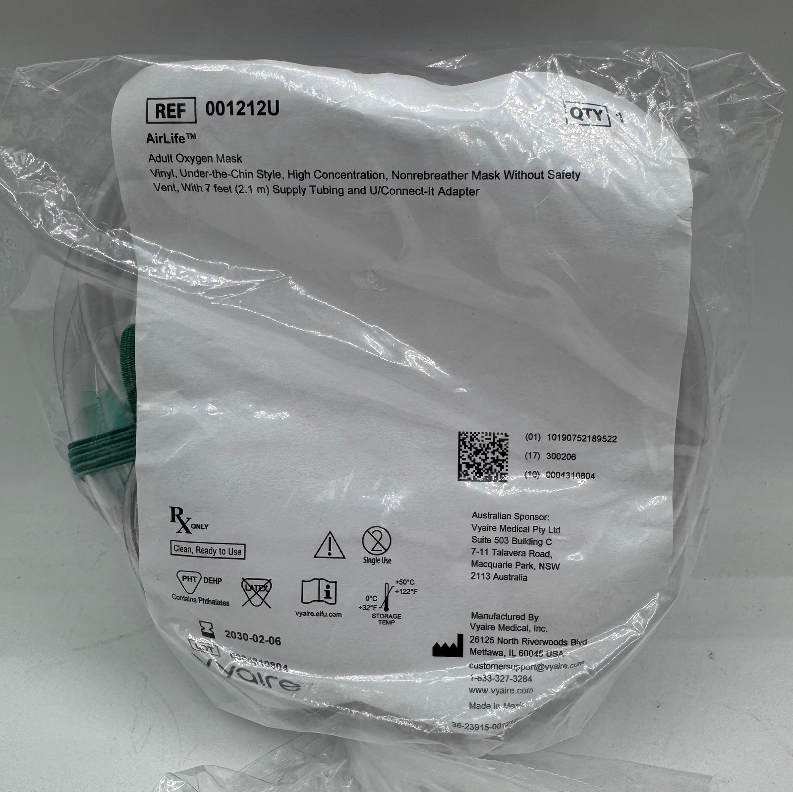 AirLife Adult Oxygen Mask Nonrebreather 7ft Tubing REF 001212U New Sealed