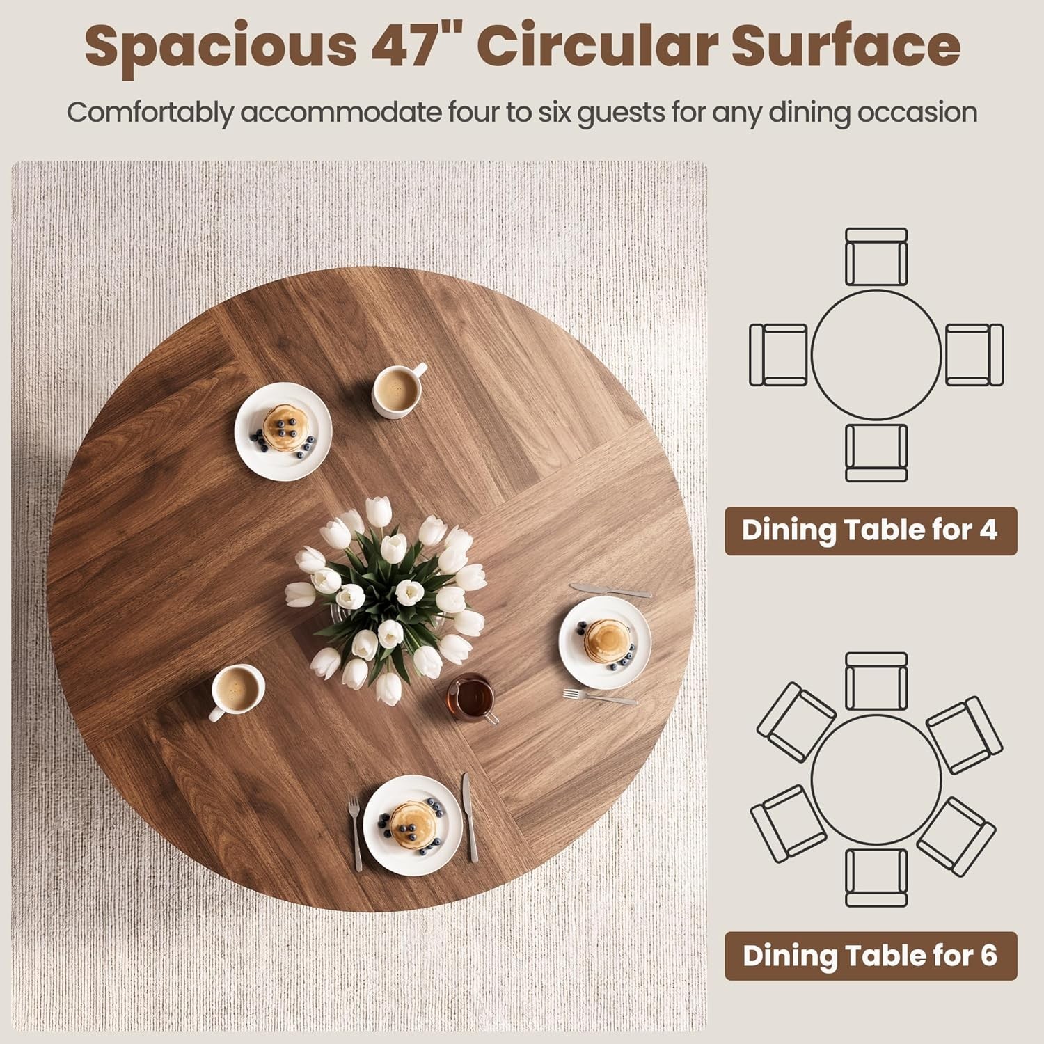 47" Round Dining Table for 4-6, Space-Saving Dining Room Table with Thick Tab...