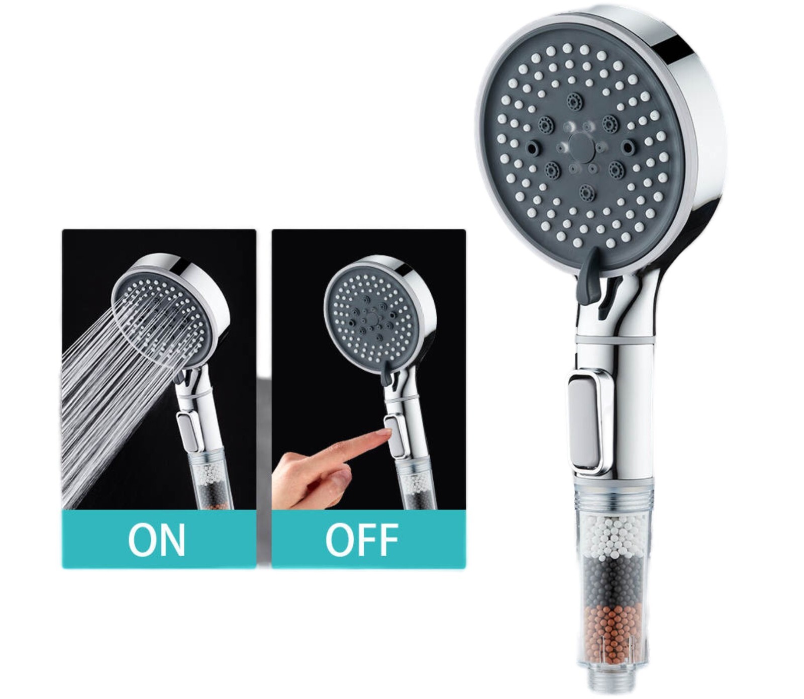Filtered Handheld Shower Head Button On/Off Select High Pressure 6 Spray Mode