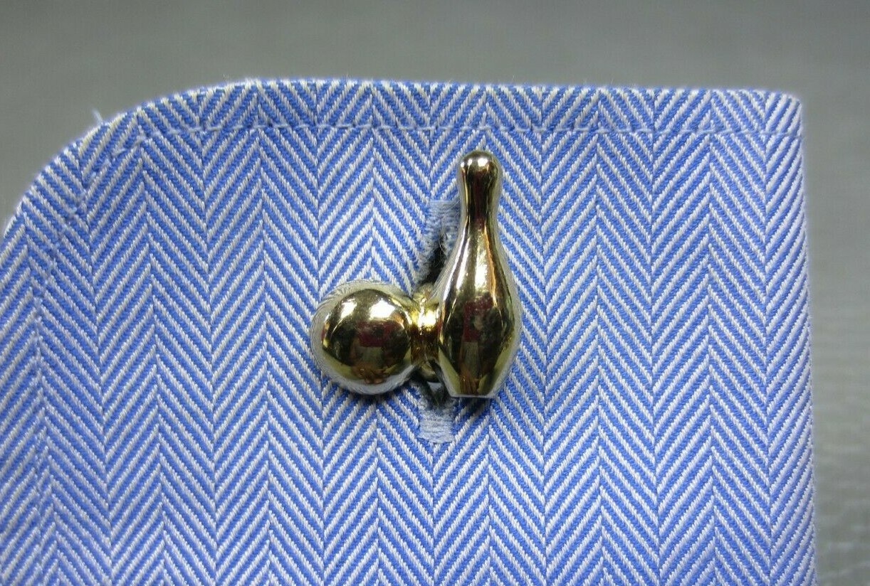 Vintage Bowling Ball and Pin Yellow Gold Plated Cuff Links