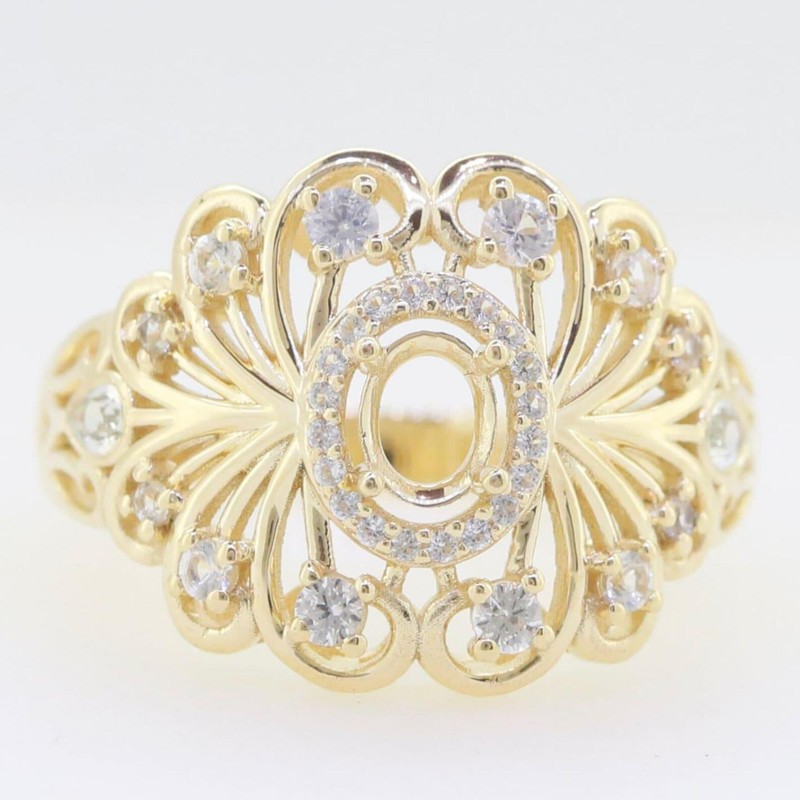 925 Silver Gold Plated 6x4mm Oval Cut Semi Mount Ring Vintage Openwork Filigree