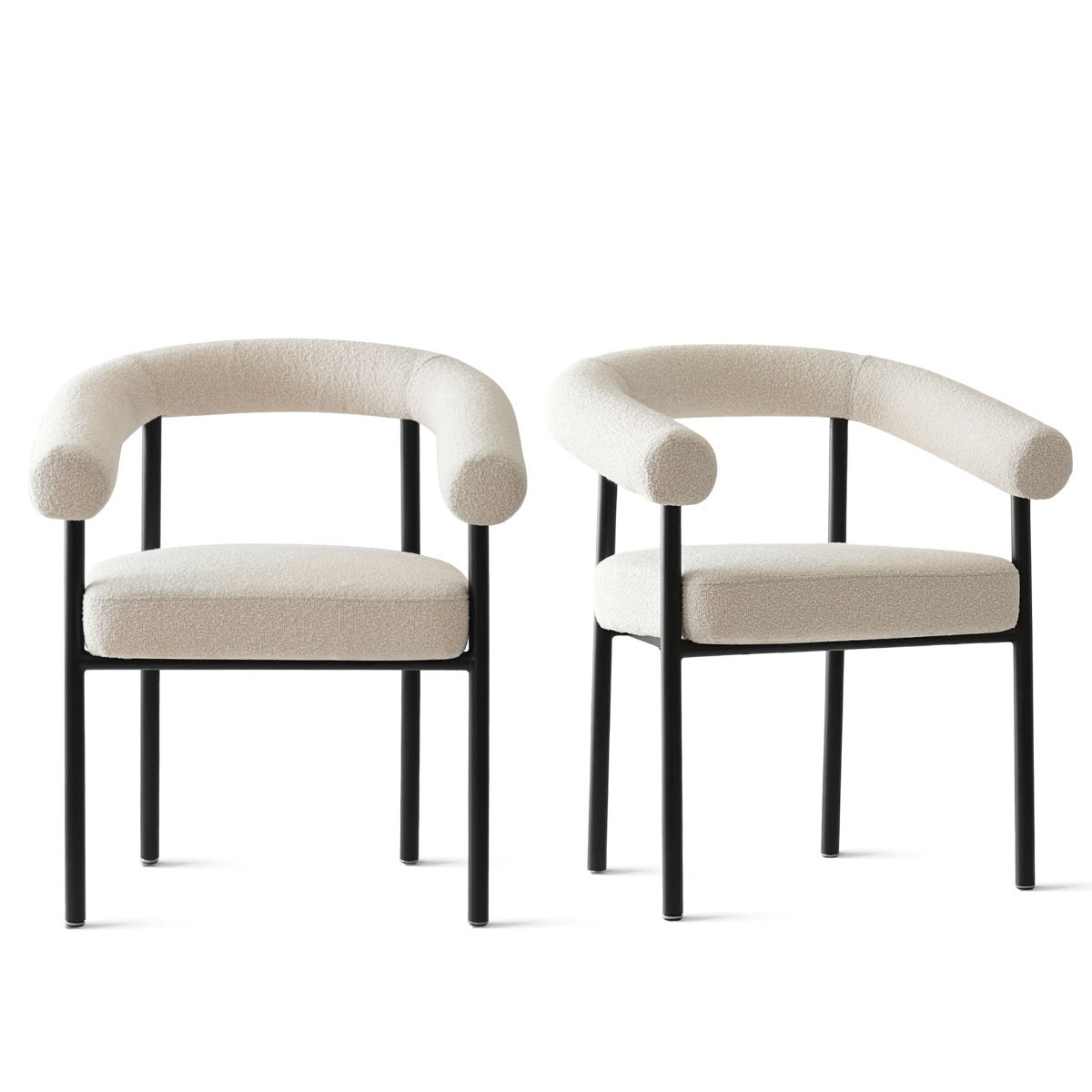 Set of 2 White Boucle Upholstered Dining Chairs Curved Tub Armrest Matte Beige