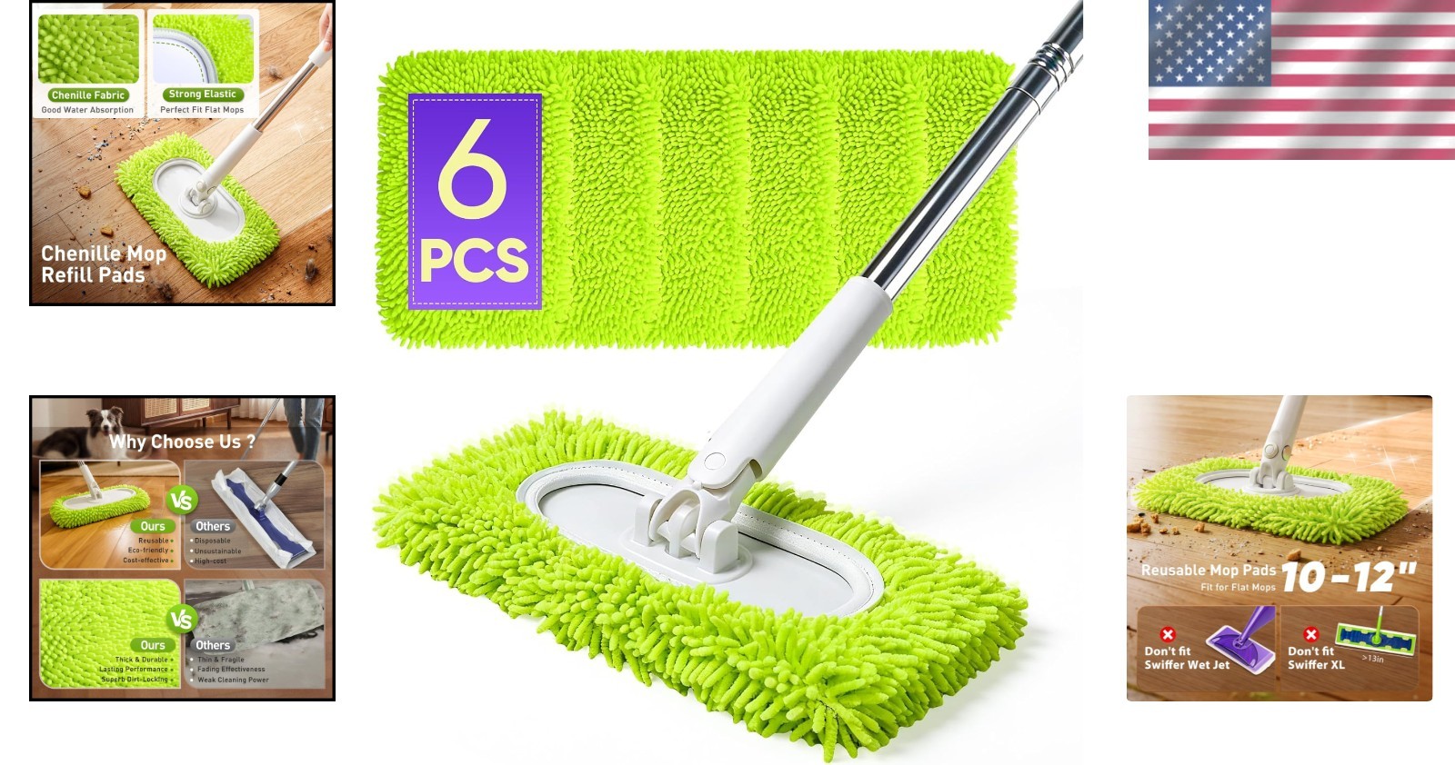 6 Pack Microfiber Mop Refills - Washable & Compatible with Standard Mops