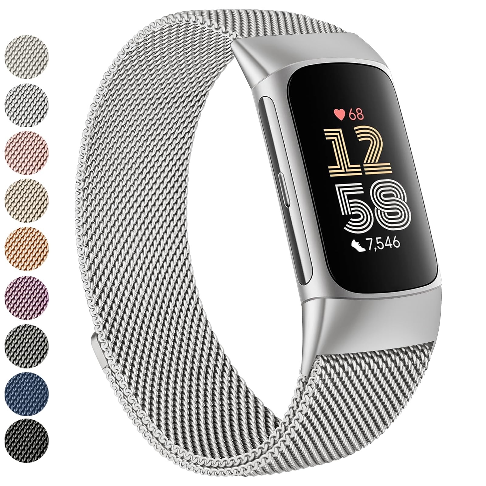 for Fitbit Charge 6 Bands Women Men, Stainless Steel Metal Mesh Loop Adjustab...