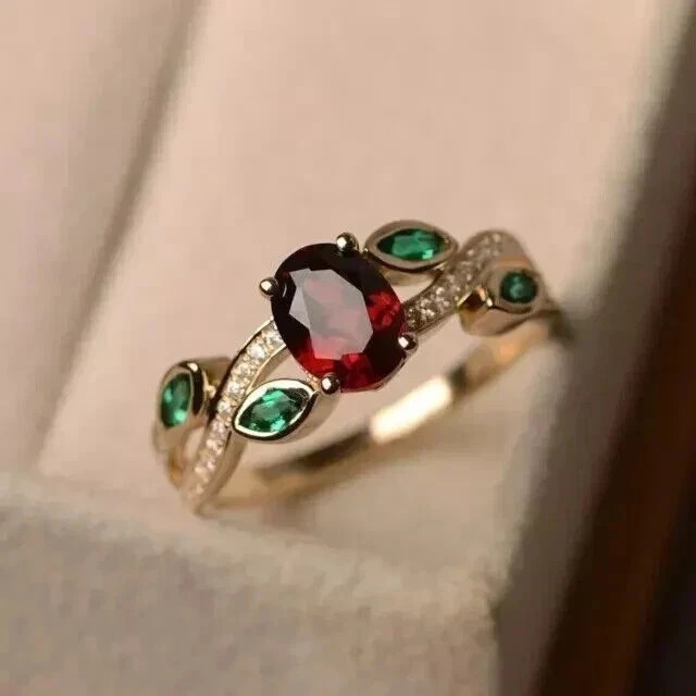 2Ct Oval Lab Created Garnet Vintage Leaf Engagement Ring 14K Yellow Gold Plated